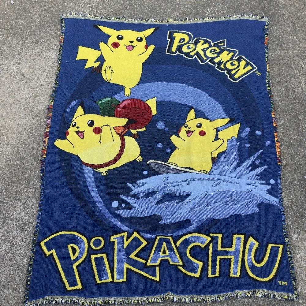 Vintage 90s Nintendo Pokemon Pikachu Throw Blanket Tapestry Woven Blue OS